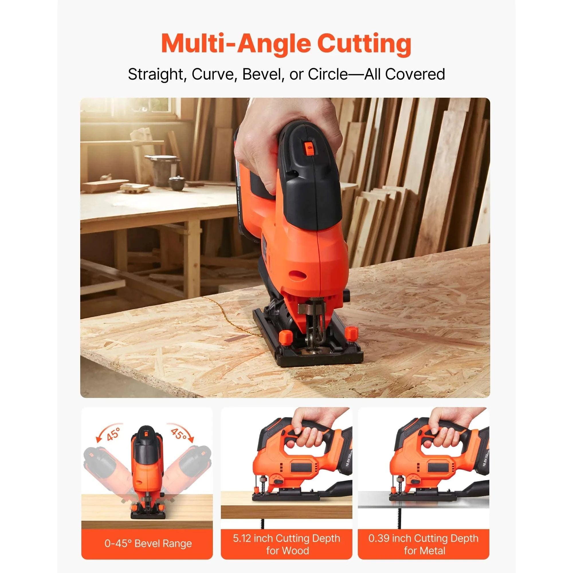 Variable Speed Jig Saw with LED Light & 0–45° Bevel Cutting-3000spm TypeB / United States