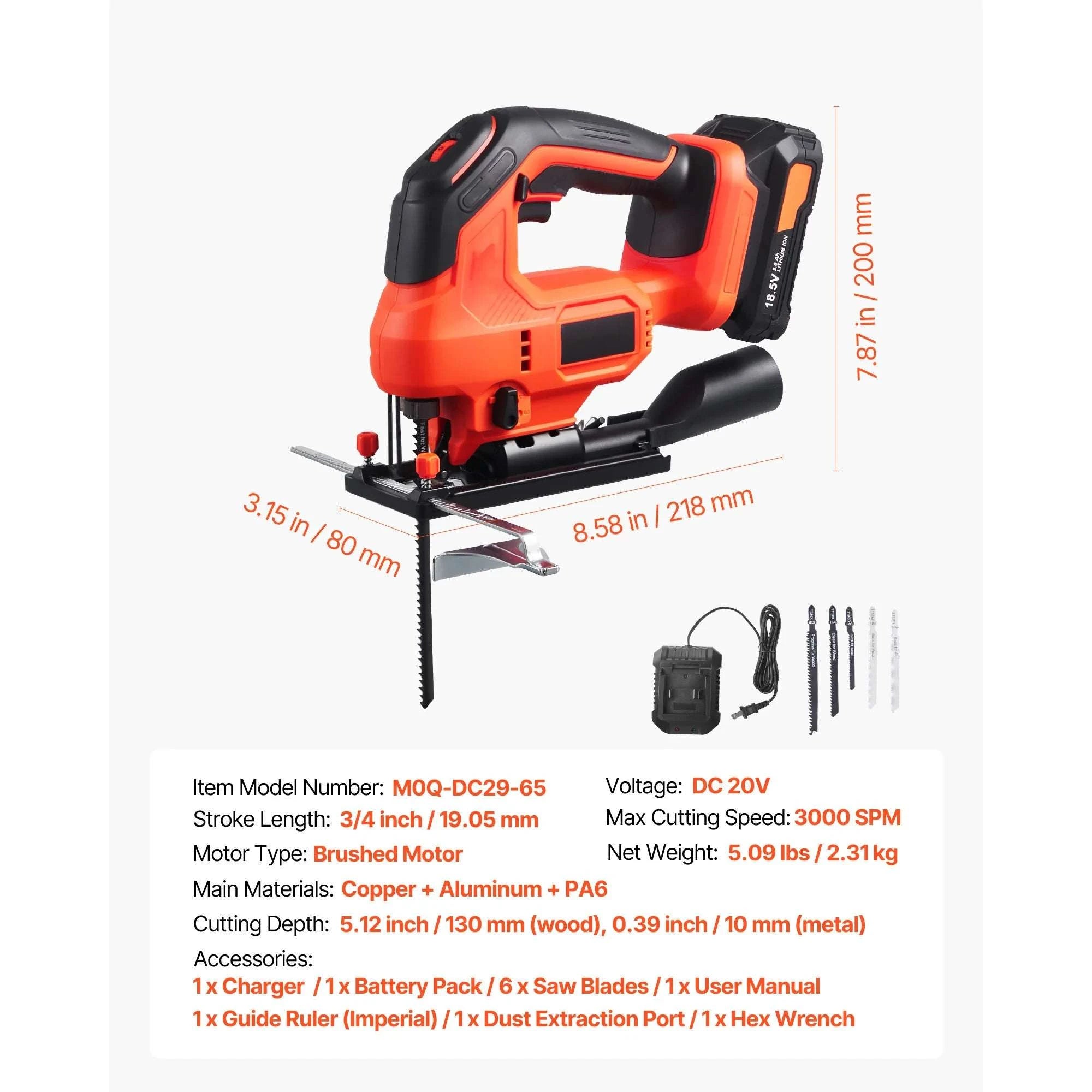 Variable Speed Jig Saw with LED Light & 0–45° Bevel Cutting-3000spm TypeB / United States