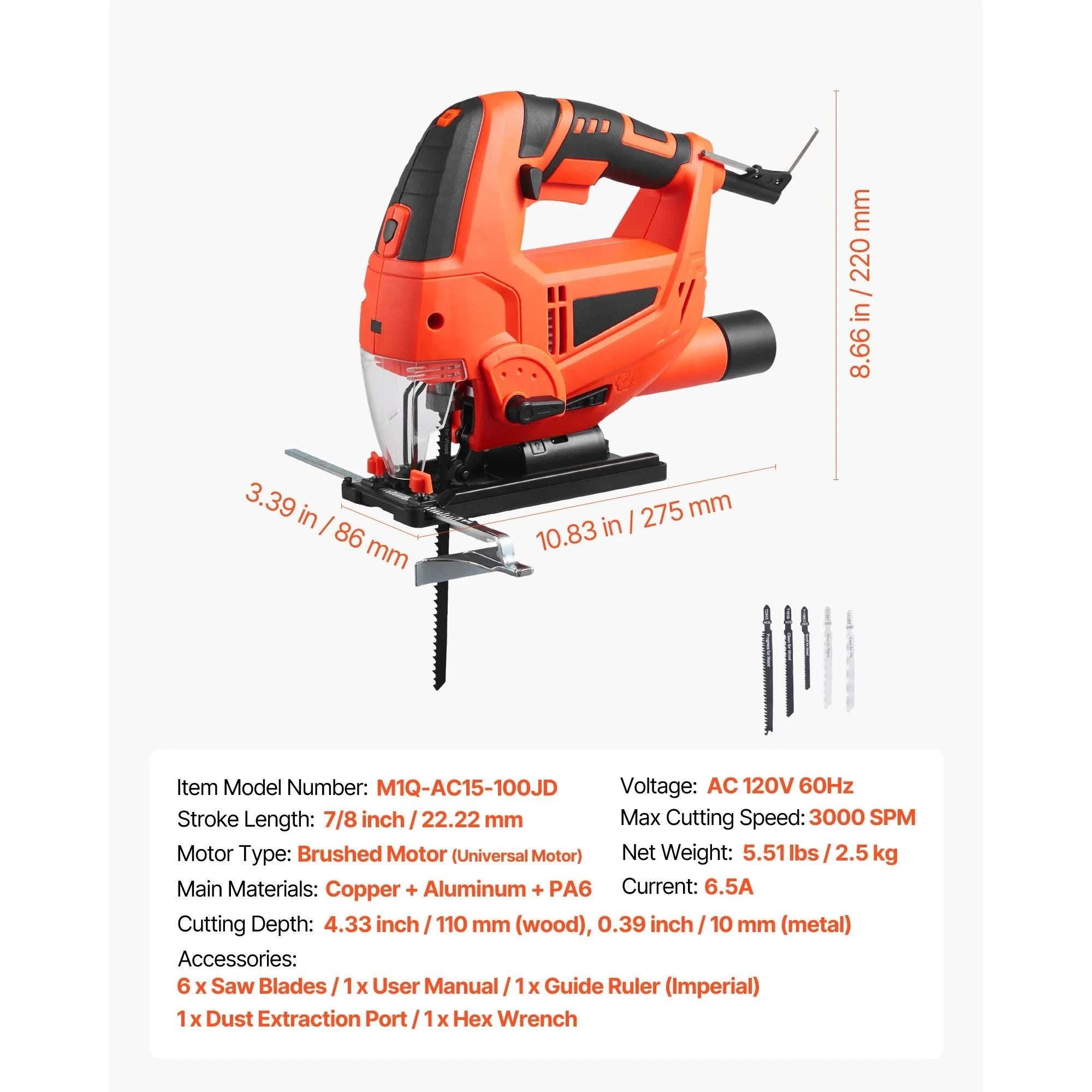 Variable Speed Jig Saw with LED Light & 0–45° Bevel Cutting-3000spm TypeB / United States