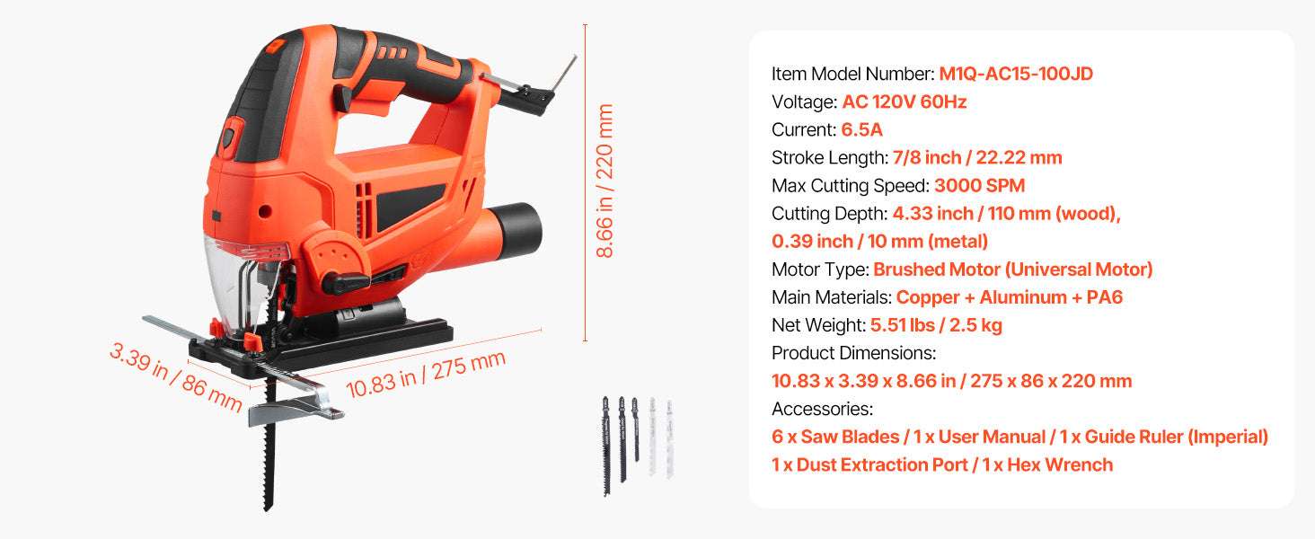 Variable Speed Jig Saw with LED Light & 0–45° Bevel Cutting-3000spm TypeB / United States