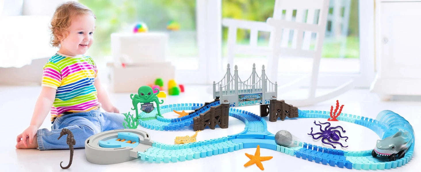 VATOS Shark Race Car Track Toy with Ocean Adventure Theme-Blue / UNITED KINGDOM