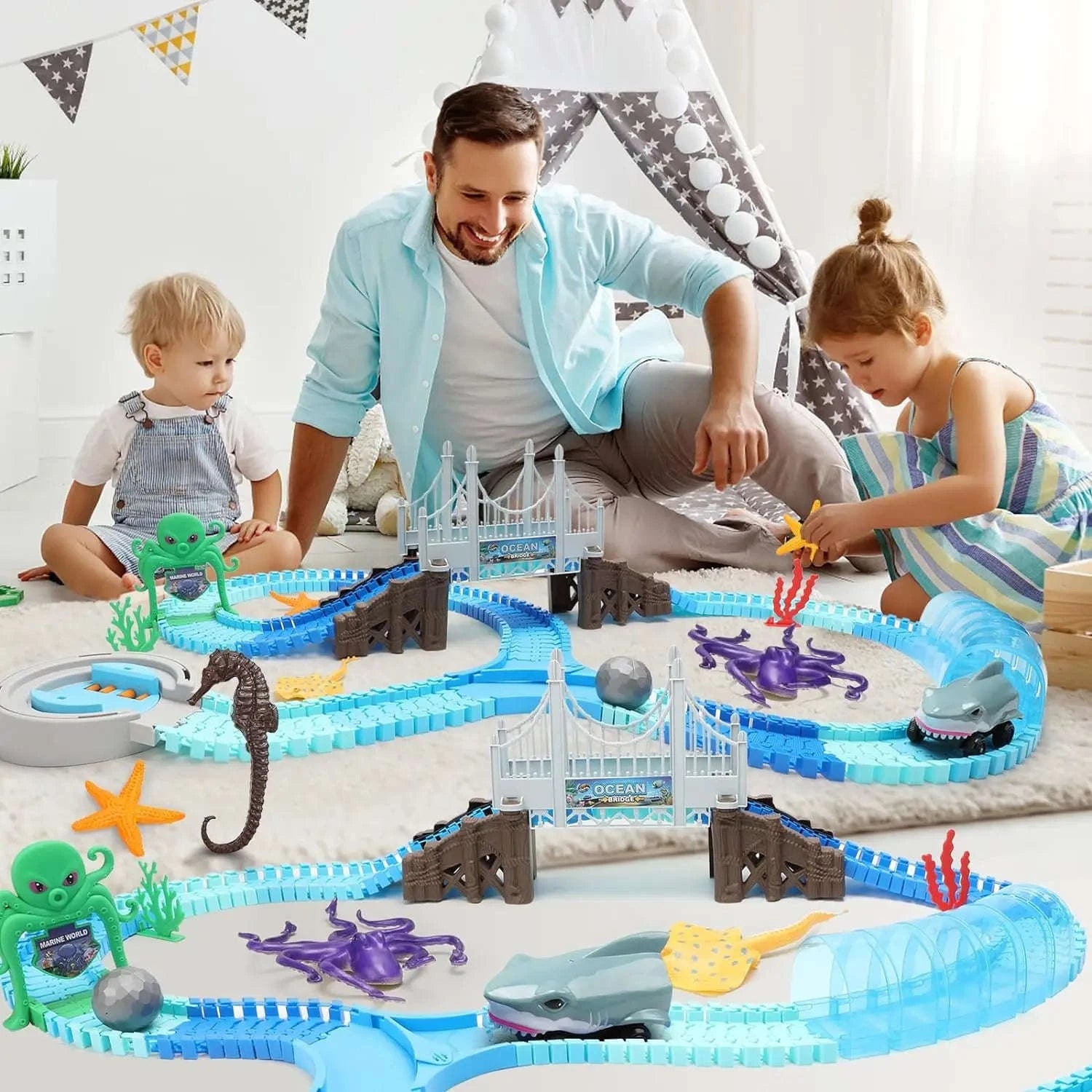 VATOS Shark Race Car Track Toy with Ocean Adventure Theme-Blue / UNITED KINGDOM