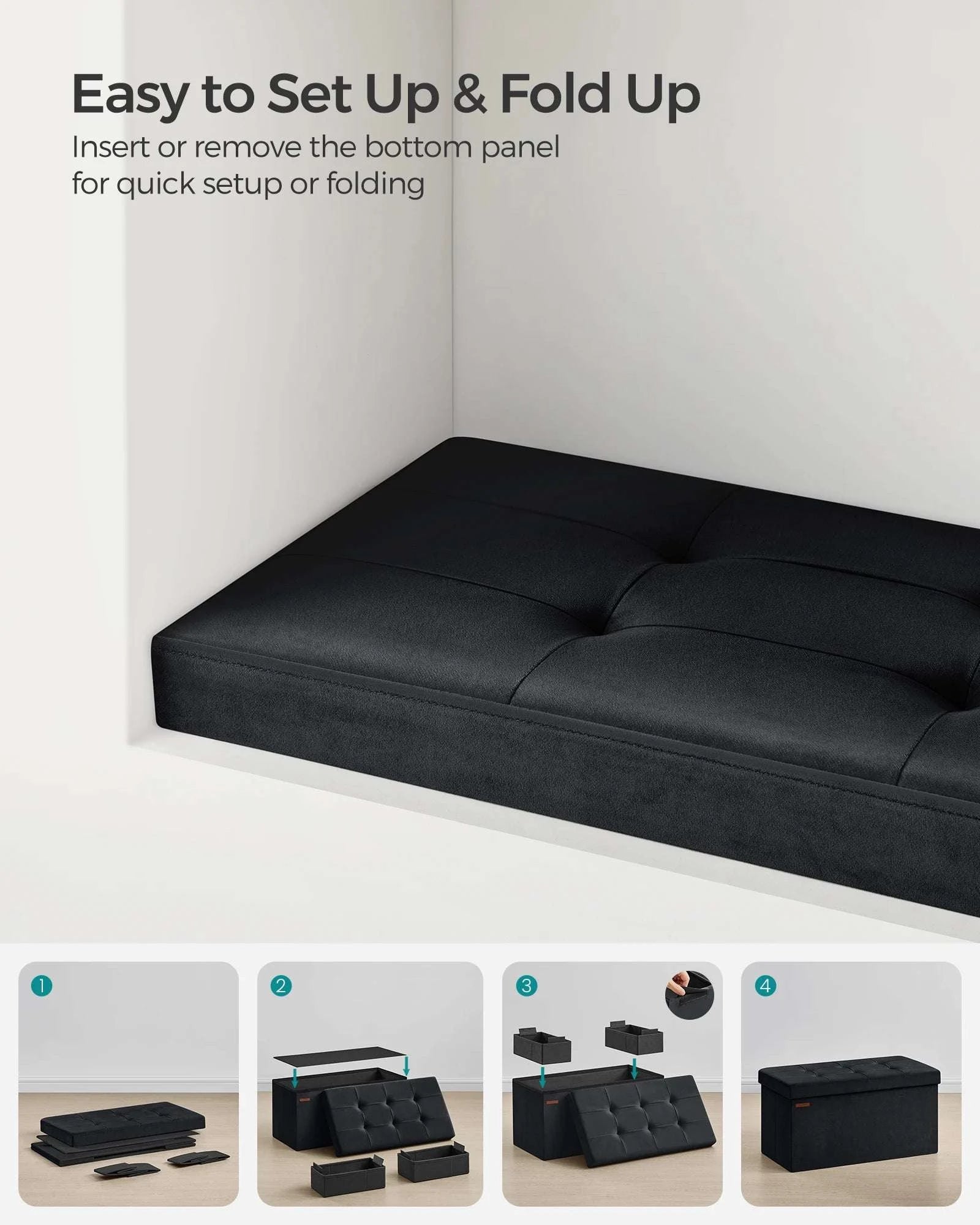 Velvet Storage Ottoman Bench 30" Foldable with Hidden Storage-Ink Black / United States