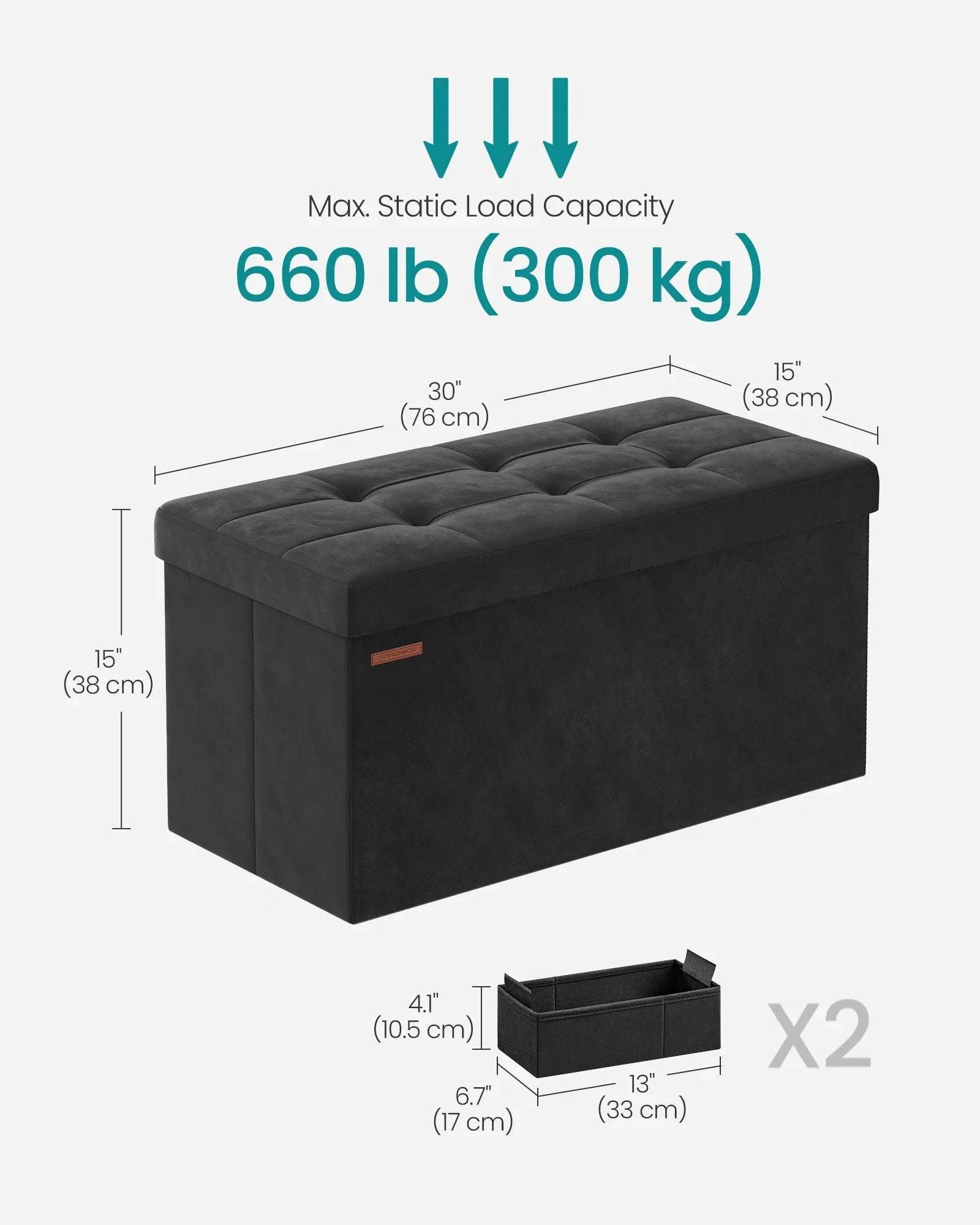 Velvet Storage Ottoman Bench 30" Foldable with Hidden Storage-Ink Black / United States