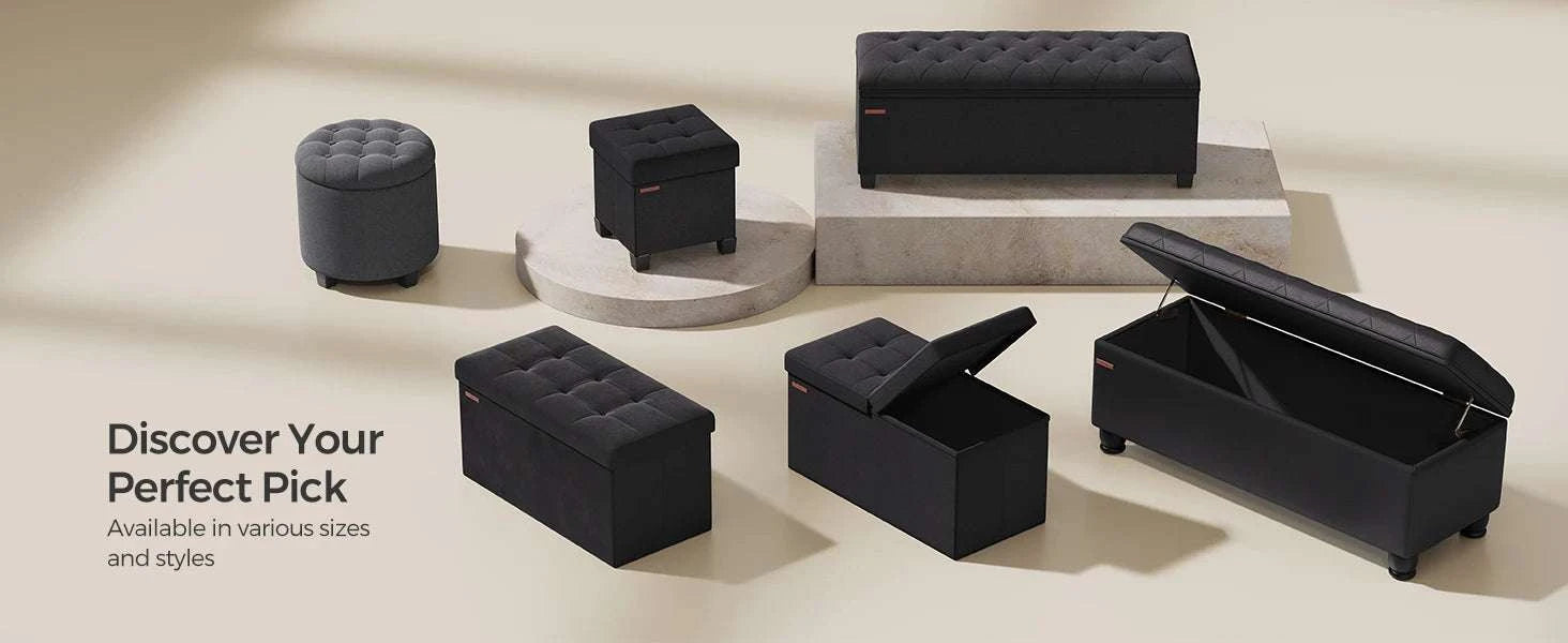 Velvet Storage Ottoman Bench 30" Foldable with Hidden Storage-Ink Black / United States
