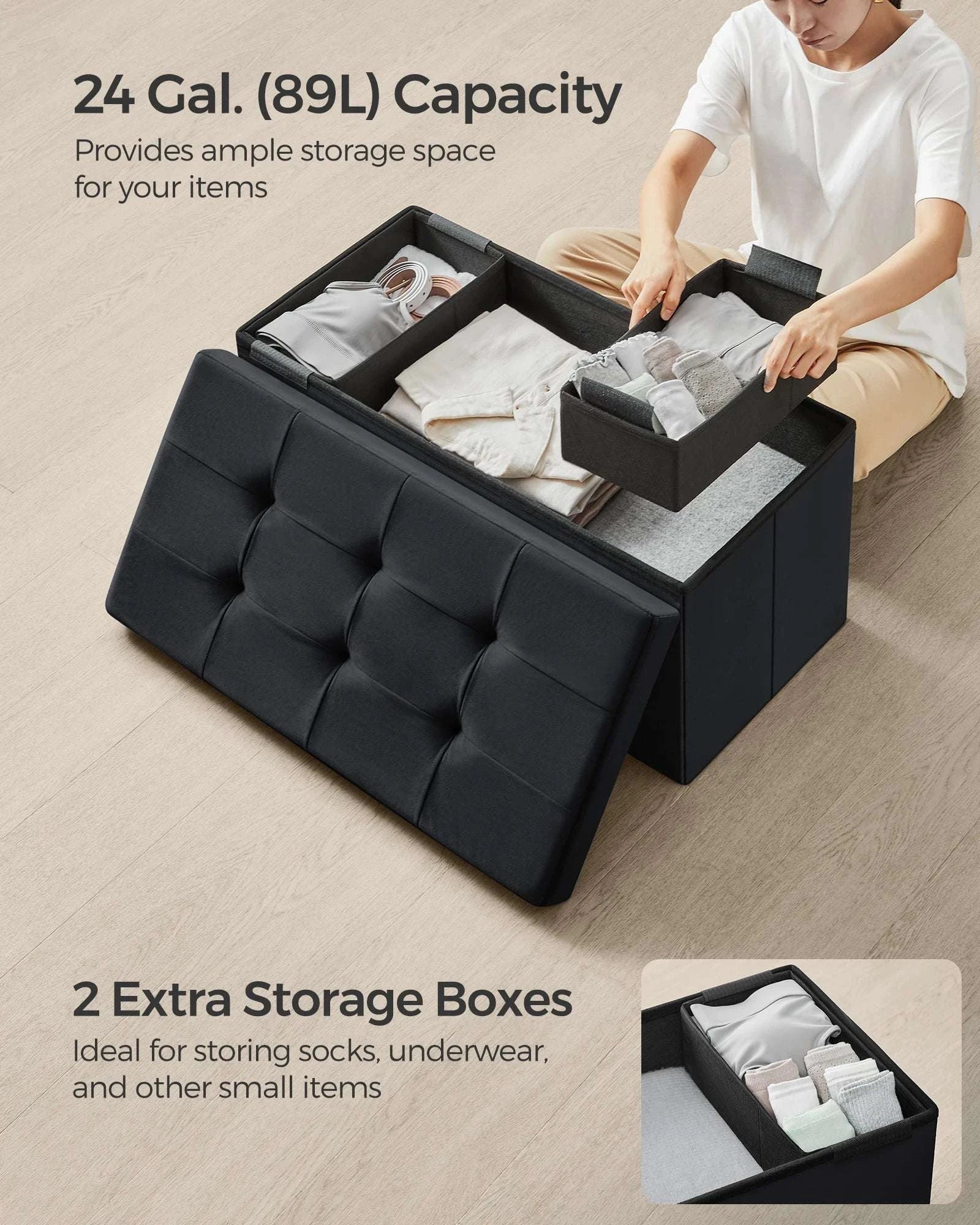 Velvet Storage Ottoman Bench 30" Foldable with Hidden Storage-Ink Black / United States