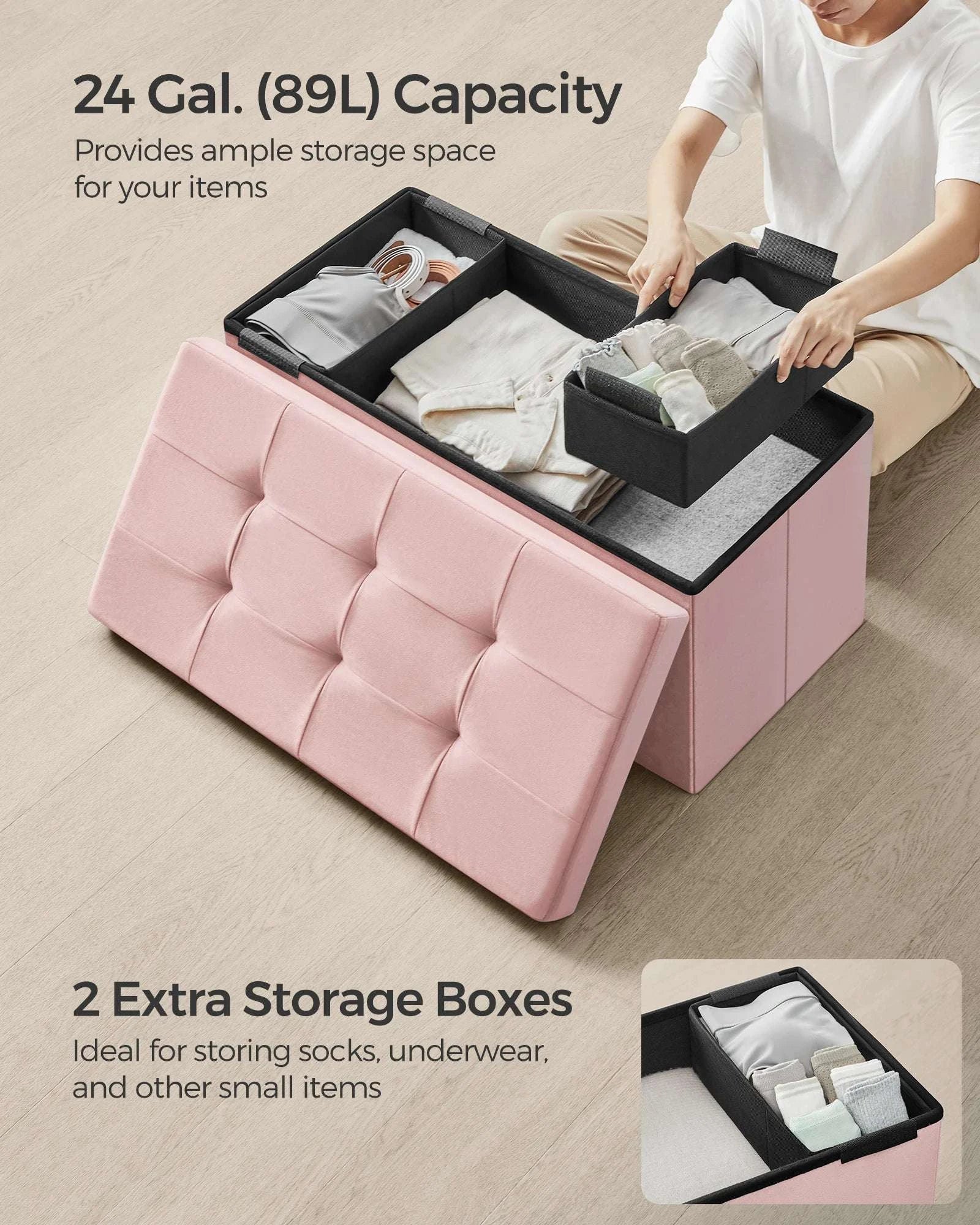 Velvet Storage Ottoman Bench 30" Foldable with Hidden Storage-Ink Black / United States