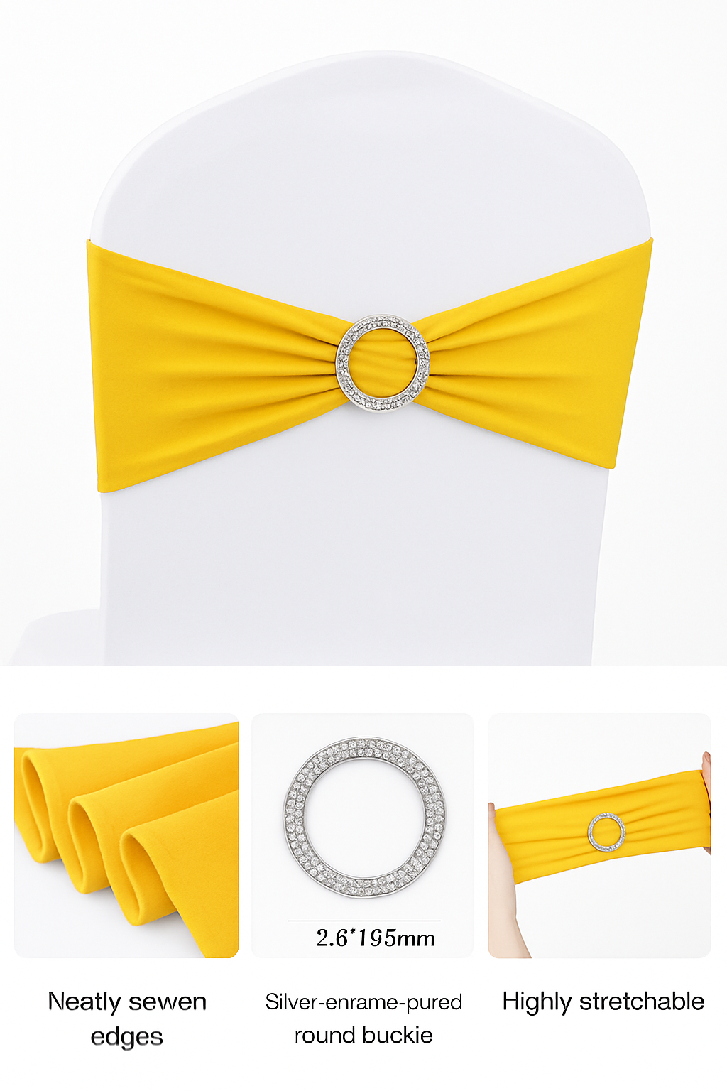 Stretch Spandex Chair Sashes with Buckle, 50 PCS Golden Yellow