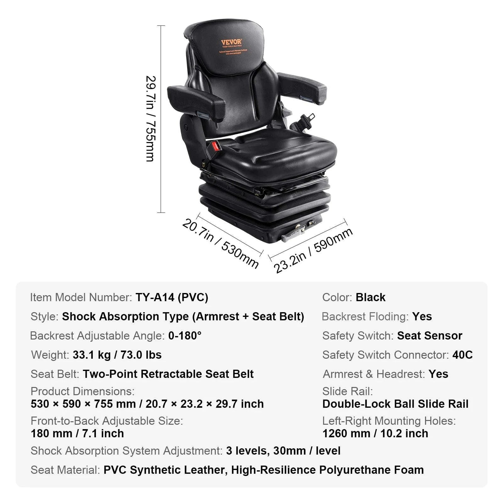 VEVOR Universal Tractor seat Suspension Fold Down Forklift Seat with Adjustable Angle Back 3-level Shock Absorption for Tractor-F Type / United States