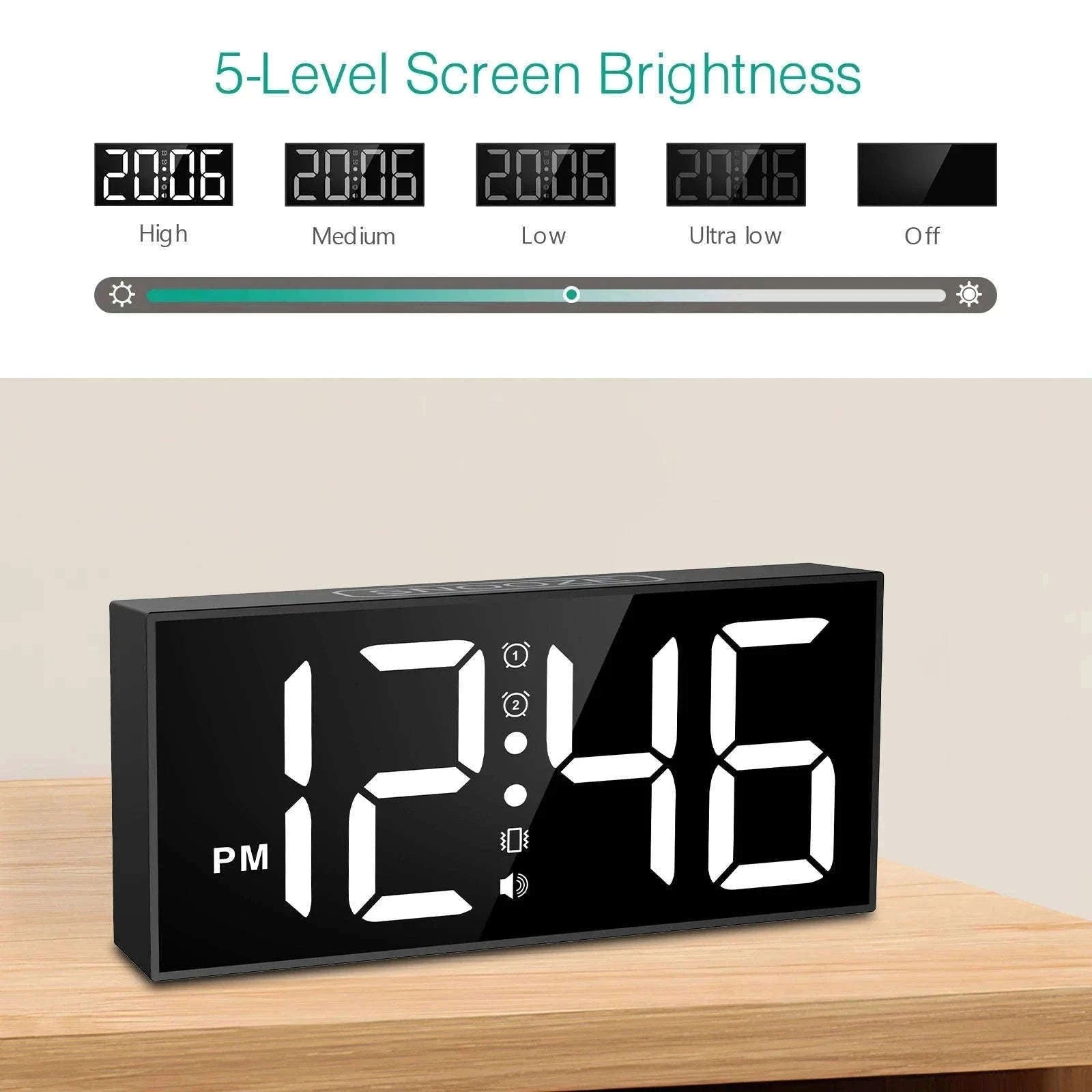 Vibrating Alarm Clock with 7.5-Inch LED Display-Black