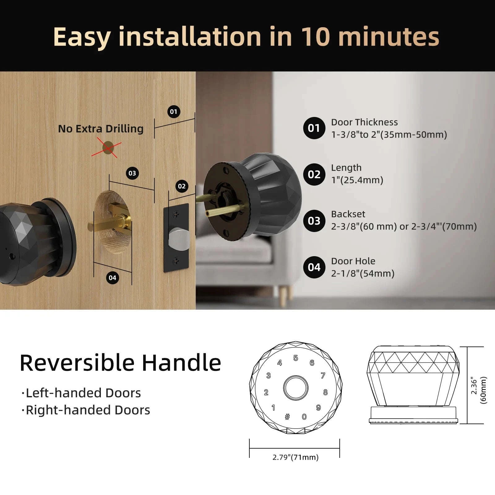 Viladepot Smart Lock Fingerprint, Passcode, App Control, Type-C Emergency Power, Indoor Door Lock-United States