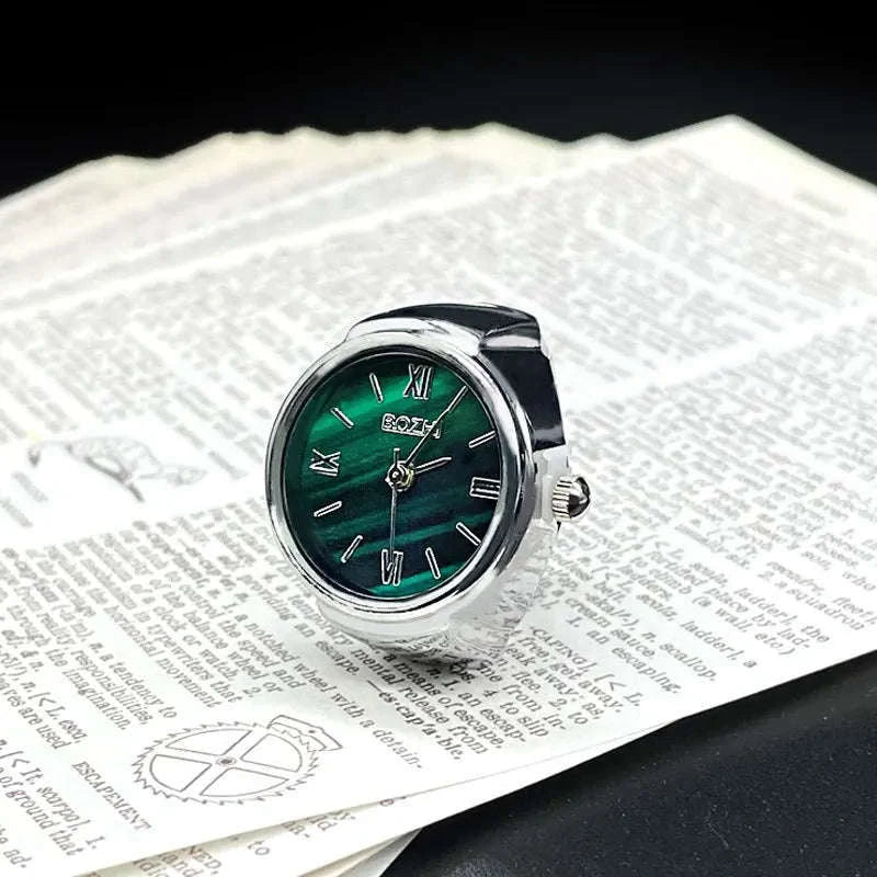 Vintage Alloy Shell Quartz Finger Watch Ring-Green-steel
