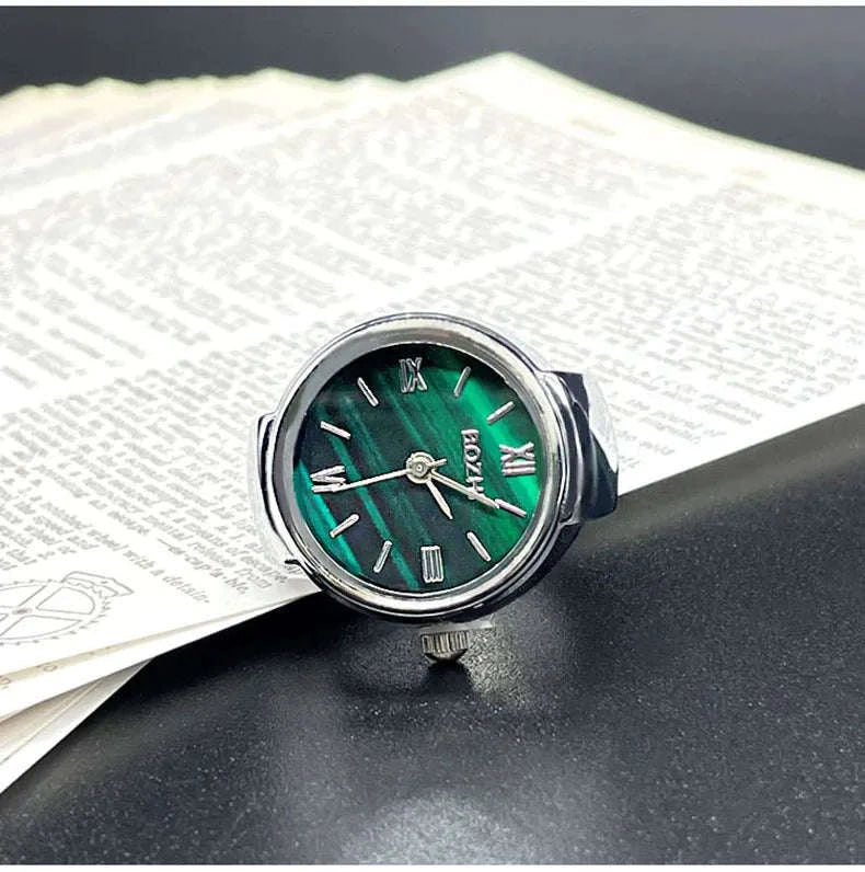 Vintage Alloy Shell Quartz Finger Watch Ring-Green-steel