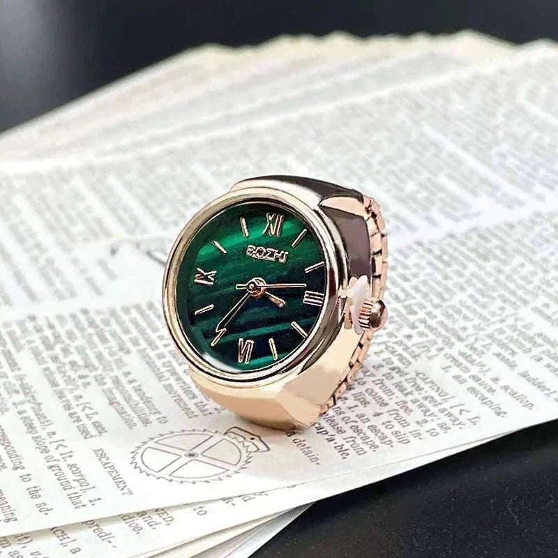 Vintage Alloy Shell Quartz Finger Watch Ring-Green-steel