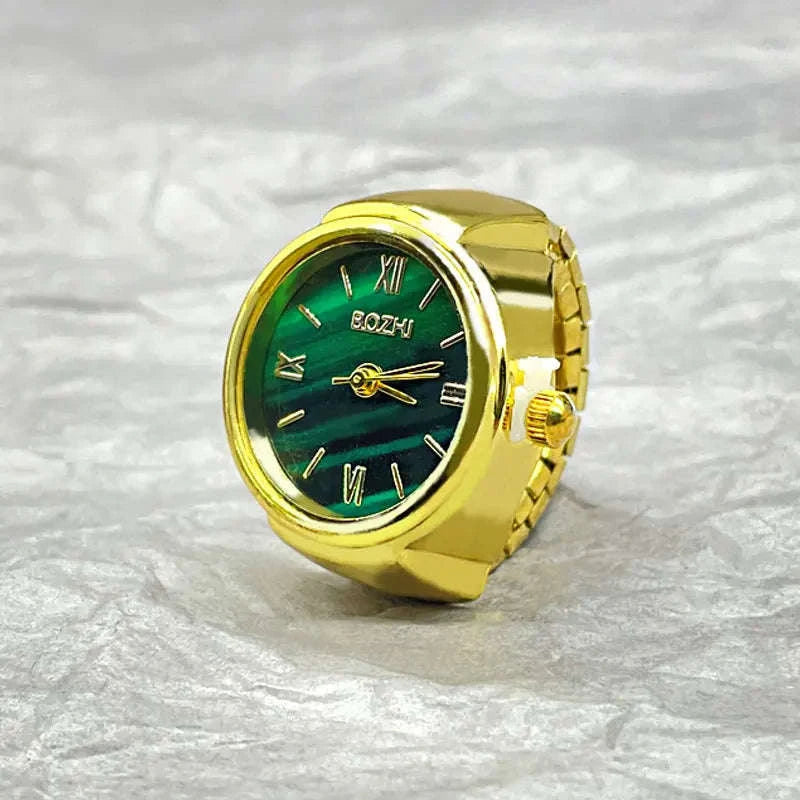 Vintage Alloy Shell Quartz Finger Watch Ring-Green-steel