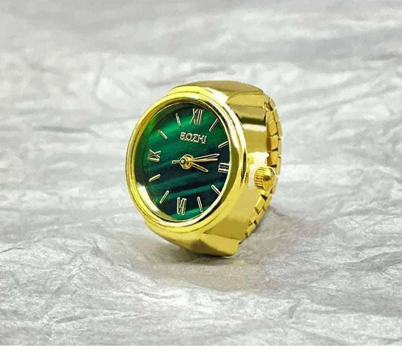 Vintage Alloy Shell Quartz Finger Watch Ring-Green-steel