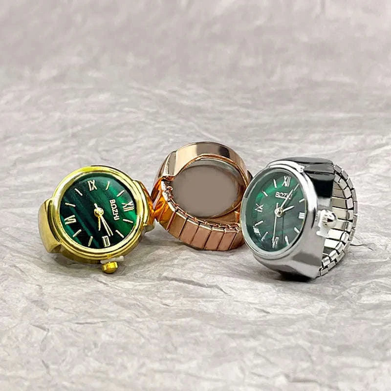 Vintage Alloy Shell Quartz Finger Watch Ring-Green-steel