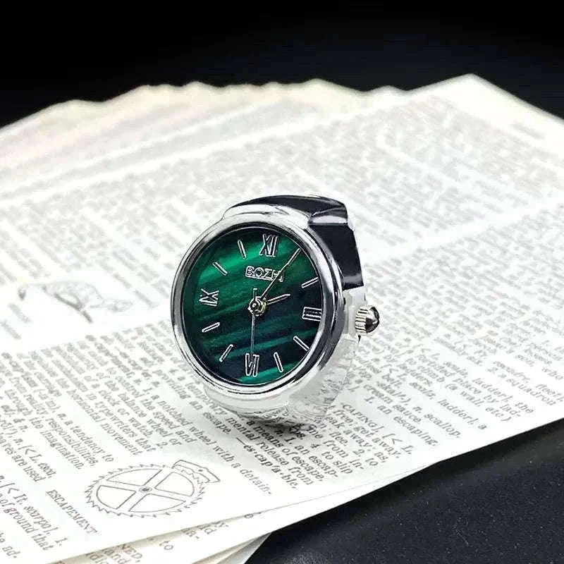 Vintage Alloy Shell Quartz Finger Watch Ring-Green-steel