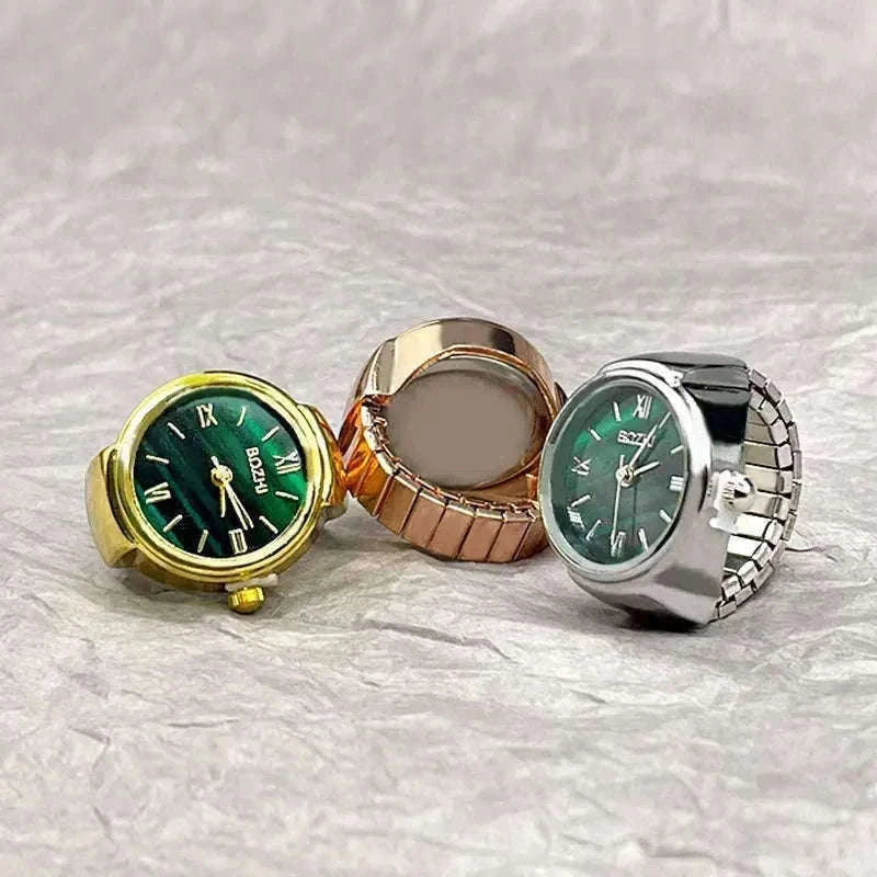 Vintage Alloy Shell Quartz Finger Watch Ring-Green-steel