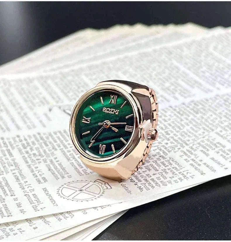 Vintage Alloy Shell Quartz Finger Watch Ring-Green-steel