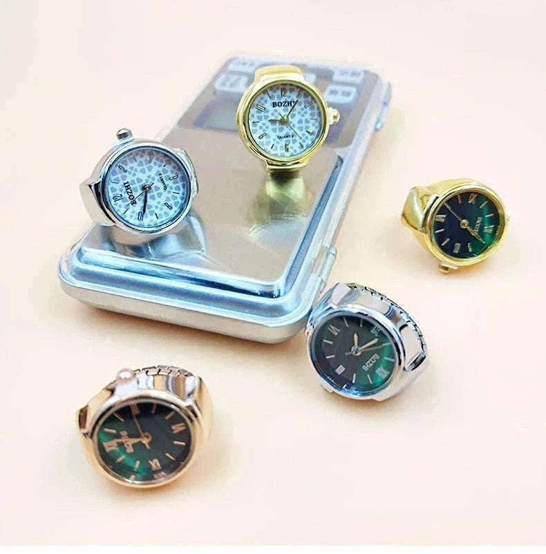 Vintage Alloy Shell Quartz Finger Watch Ring-Green-steel