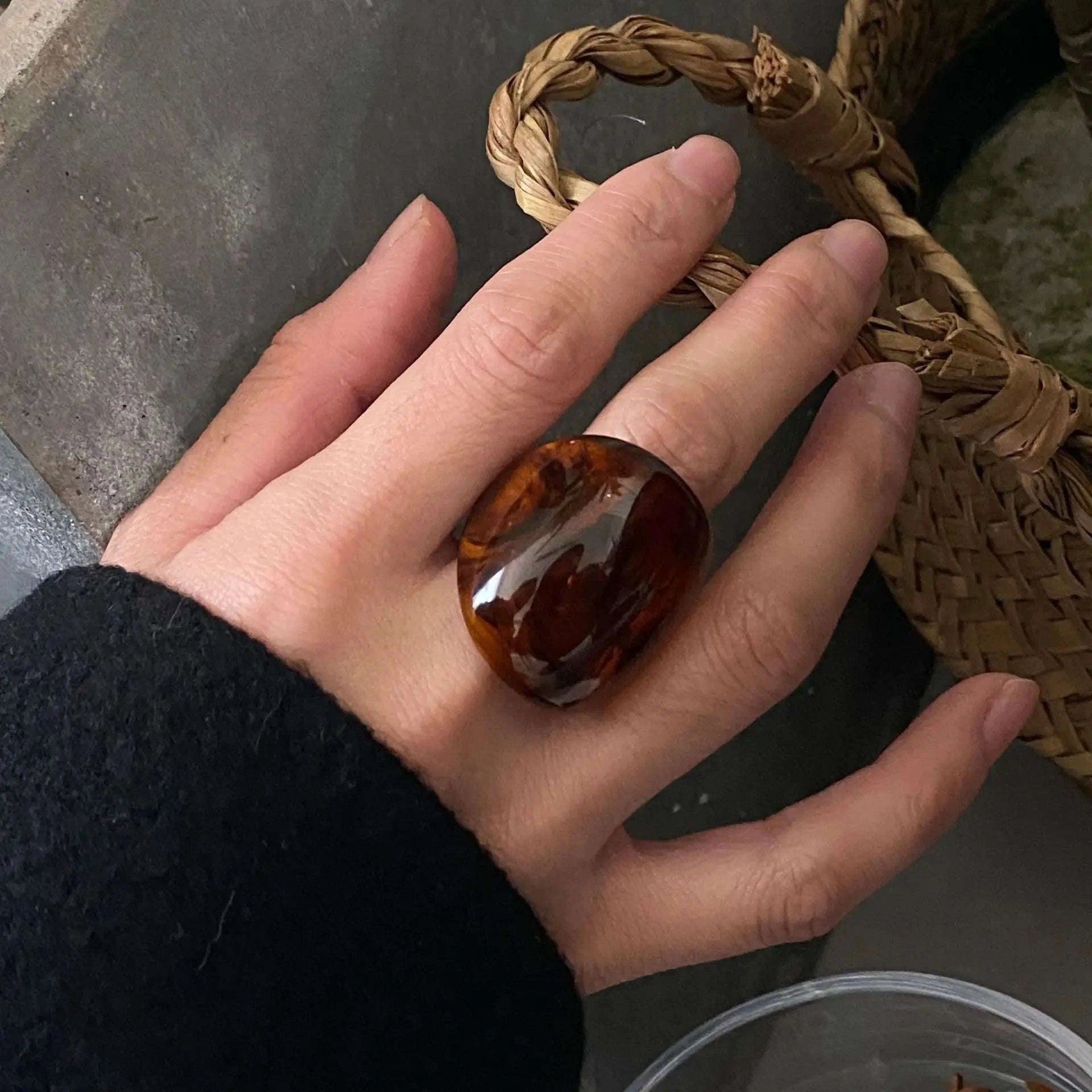 Vintage Amber Resin Geometric Statement Ring for Women-inner diameter 17mm / 01