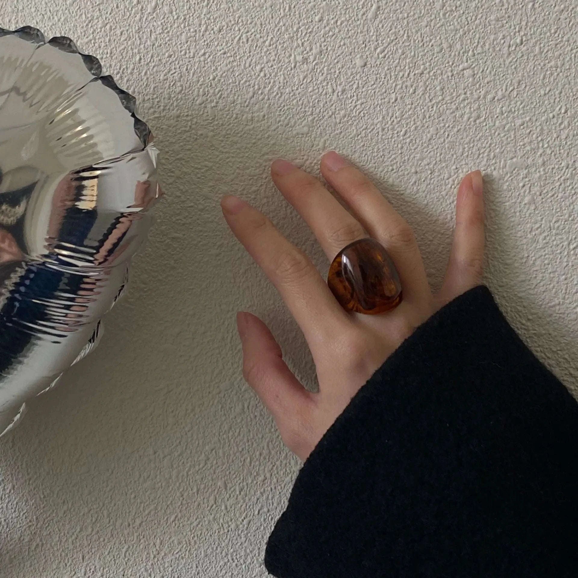 Vintage Amber Resin Geometric Statement Ring for Women-inner diameter 17mm / 01