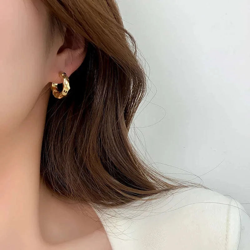 Vintage Metal Hoop Earrings with Irregular Wave Design-4