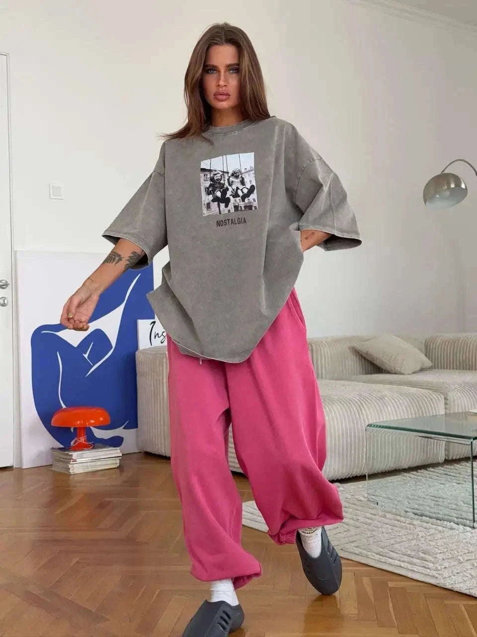 Vintage Printed Cotton T-Shirt Loose Fit Casual Streetwear Tee-Rose Red / S