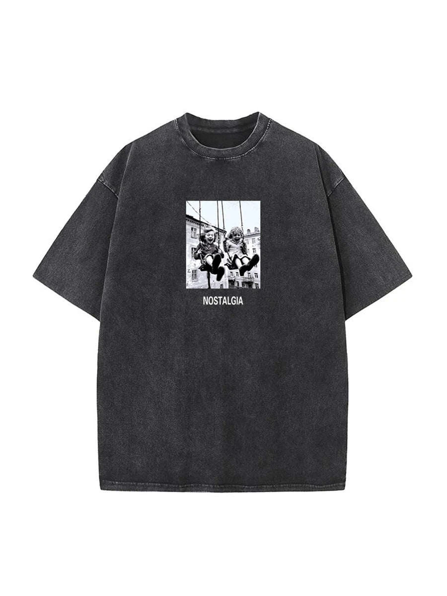 Vintage Printed Cotton T-Shirt Loose Fit Casual Streetwear Tee-Rose Red / S