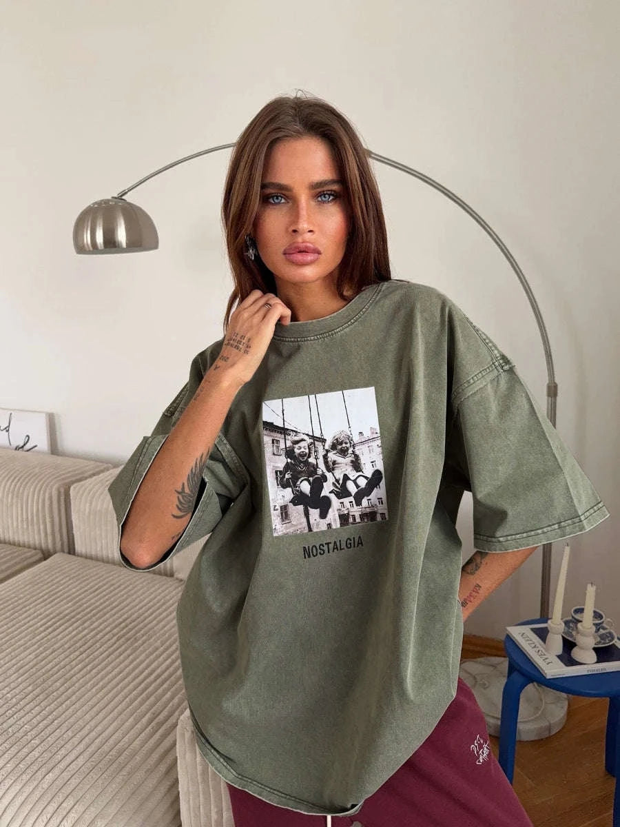Vintage Printed Cotton T-Shirt Loose Fit Casual Streetwear Tee-Rose Red / S