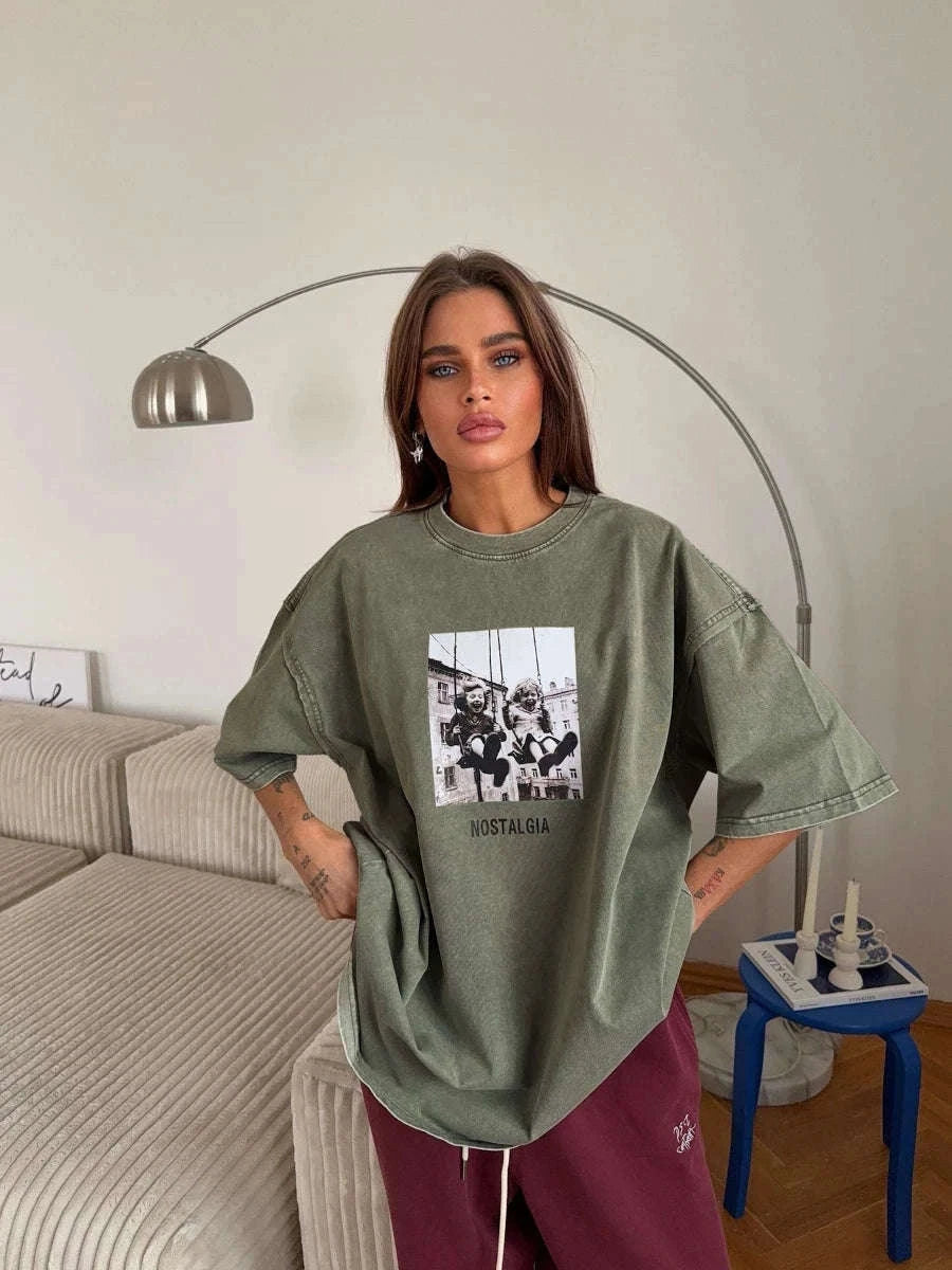 Vintage Printed Cotton T-Shirt Loose Fit Casual Streetwear Tee-Rose Red / S