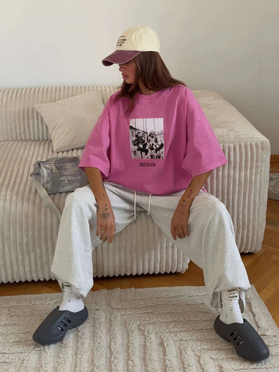 Vintage Printed Cotton T-Shirt Loose Fit Casual Streetwear Tee-Rose Red / S
