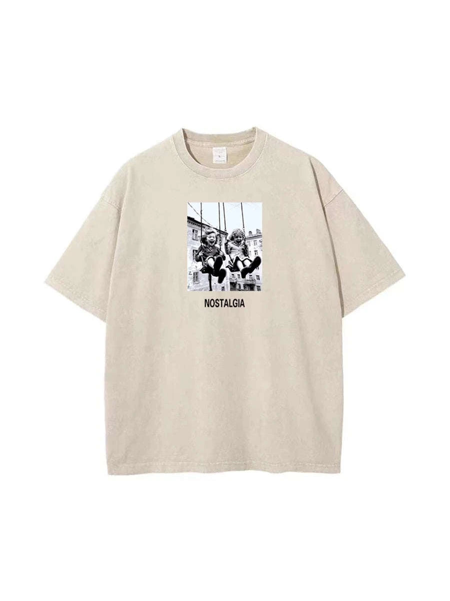 Vintage Printed Cotton T-Shirt Loose Fit Casual Streetwear Tee-Rose Red / S