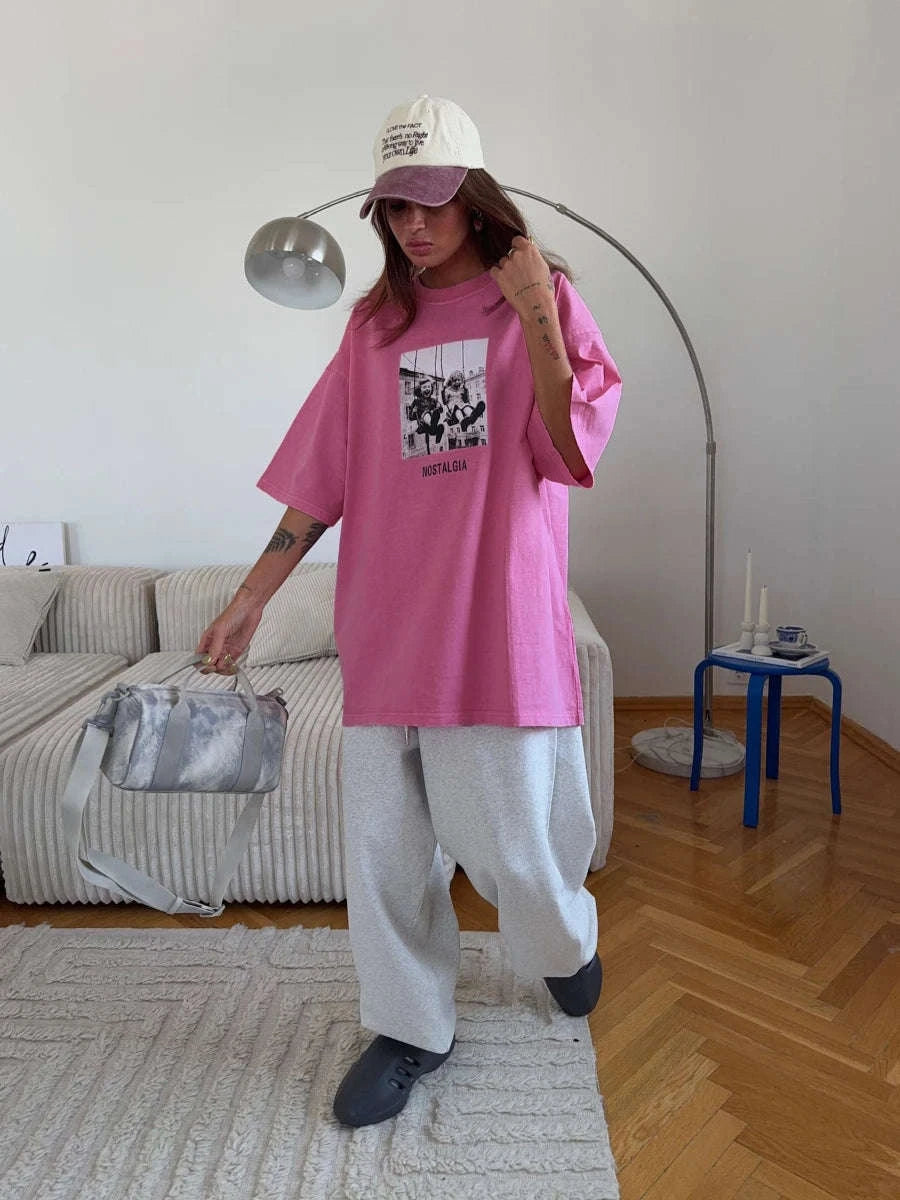 Vintage Printed Cotton T-Shirt Loose Fit Casual Streetwear Tee-Rose Red / S