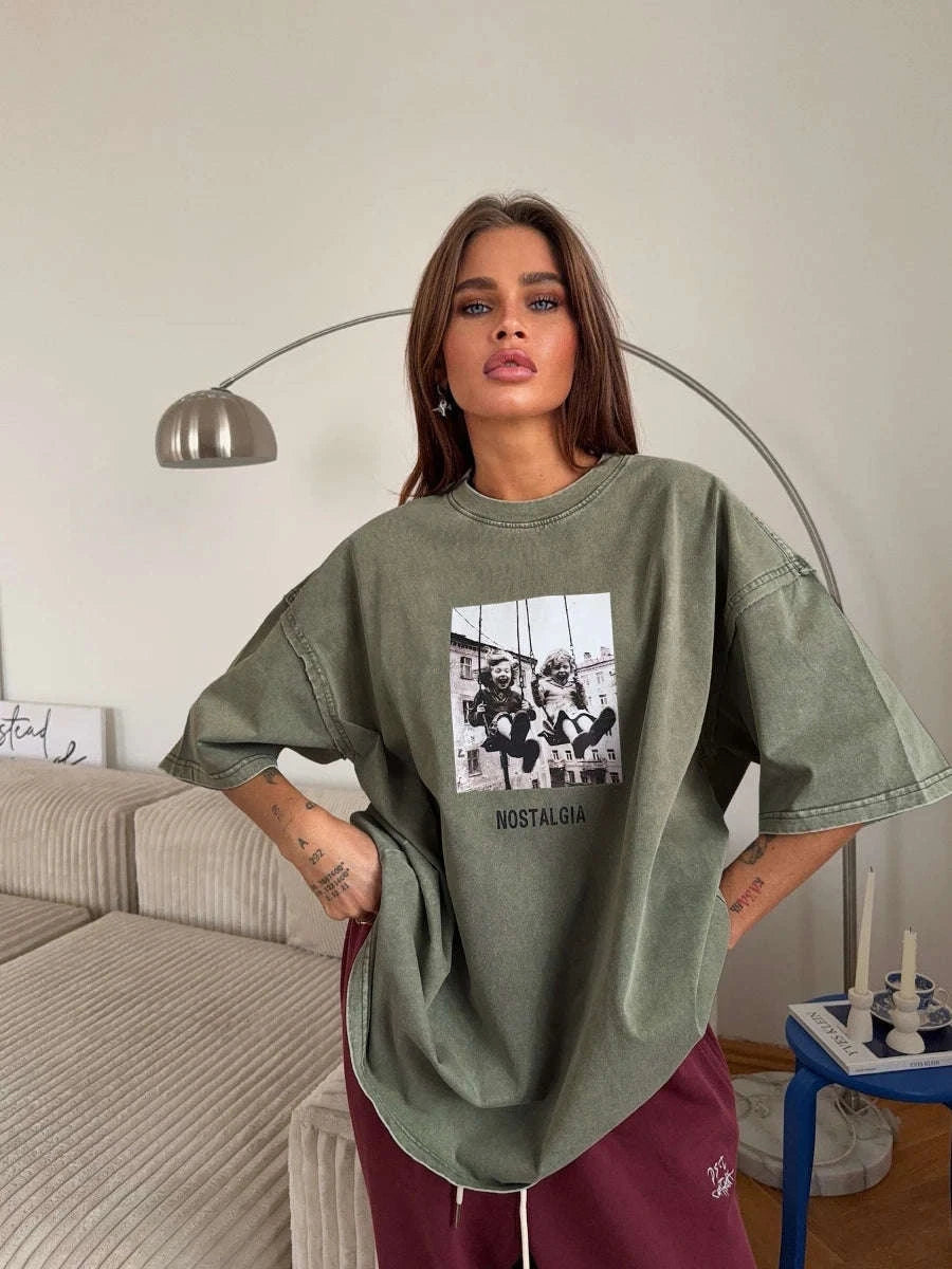Vintage Printed Cotton T-Shirt Loose Fit Casual Streetwear Tee-Rose Red / S