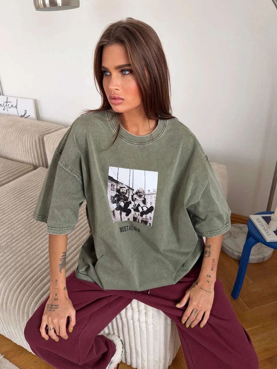 Vintage Printed Cotton T-Shirt Loose Fit Casual Streetwear Tee-Rose Red / S