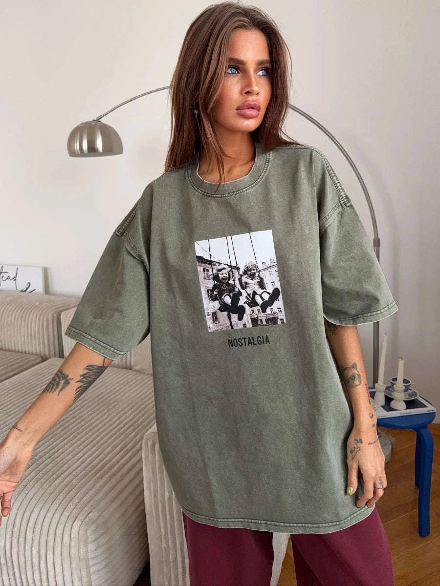 Vintage Printed Cotton T-Shirt Loose Fit Casual Streetwear Tee-Rose Red / S