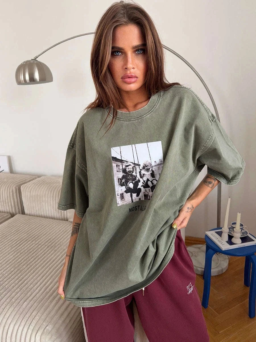 Vintage Printed Cotton T-Shirt Loose Fit Casual Streetwear Tee-Rose Red / S