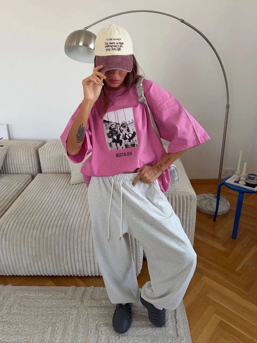 Vintage Printed Cotton T-Shirt Loose Fit Casual Streetwear Tee-Rose Red / S