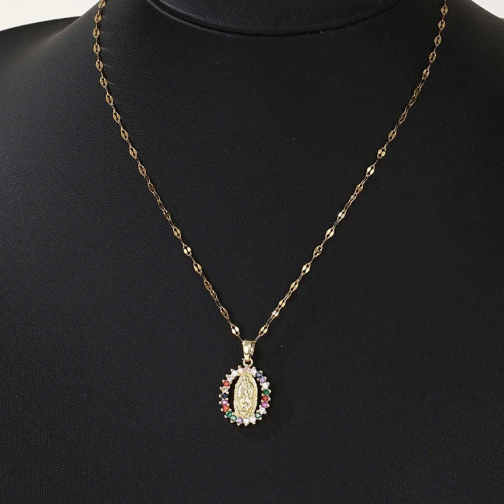 Virgin Mary Hollow Necklace with Colorful Zircon Accents-TP-04043-01 / 40-45cm