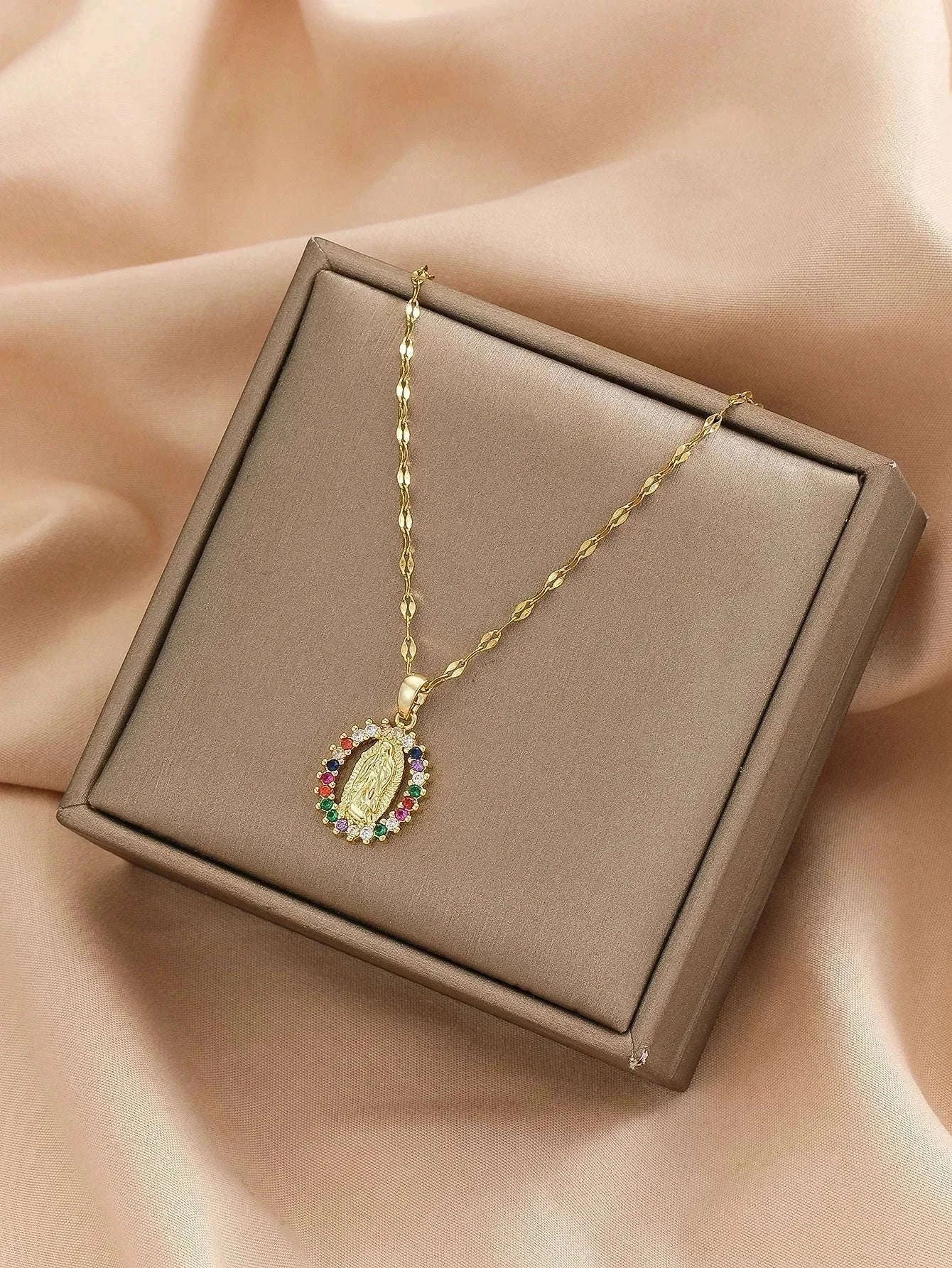 Virgin Mary Hollow Necklace with Colorful Zircon Accents-TP-04043-01 / 40-45cm