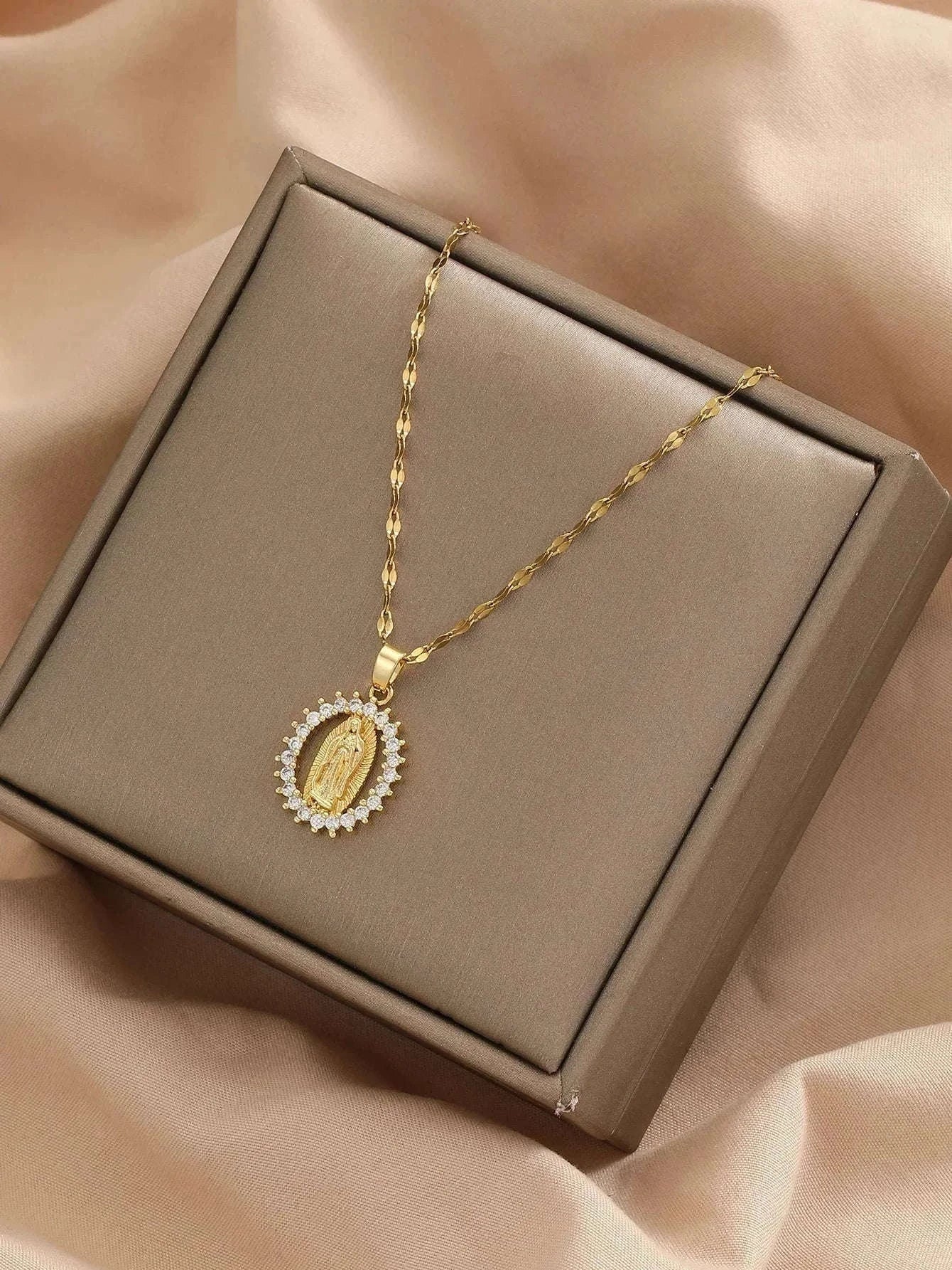 Virgin Mary Hollow Necklace with Colorful Zircon Accents-TP-04043-01 / 40-45cm
