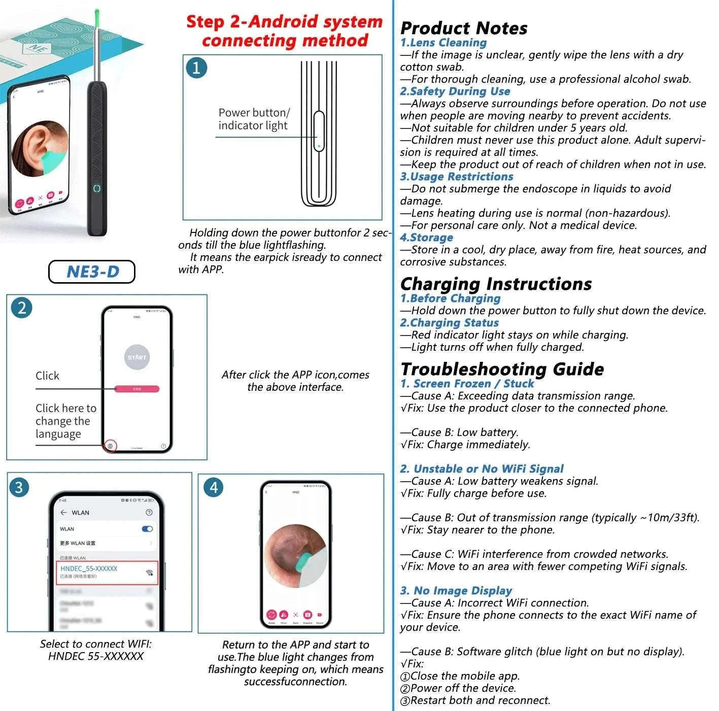 Visual Ear Wax Cleaner with Camera for Clear Home Ear Care-NE3-D Basics White