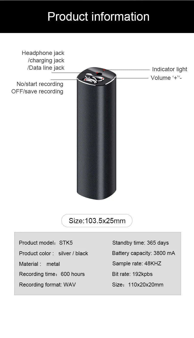 Voice Recorder 600 Hours Magnetic Digital Dictaphone-01 with OTG / China Mainland / 16 GB