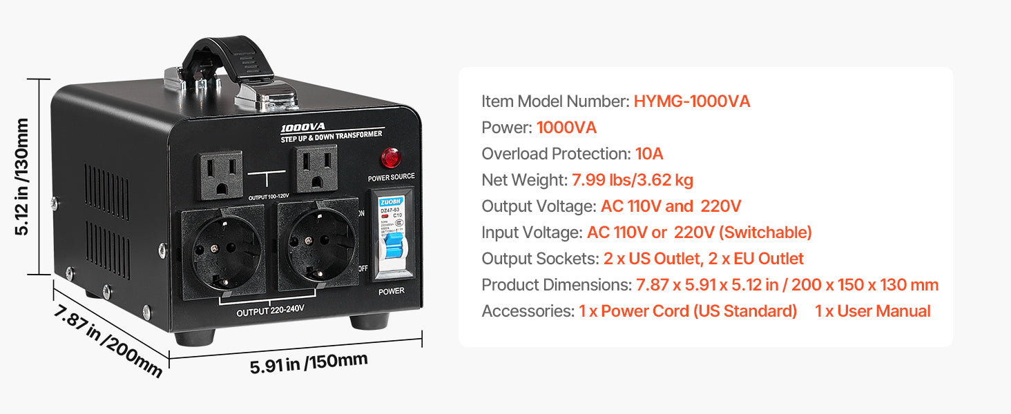 Transformador convertidor de voltaje Step Up & Down 500–6000VA US/EU