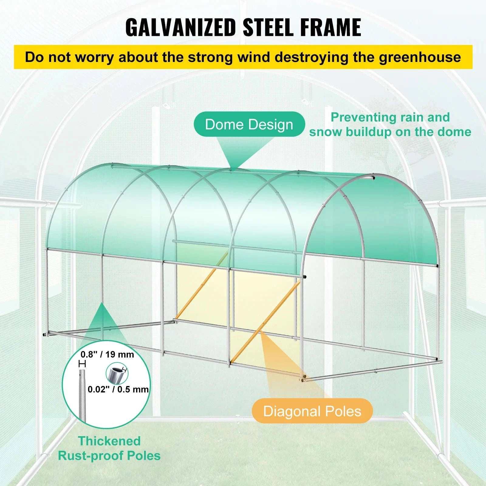 Walk-in Tunnel Greenhouse Galvanized Steel Frame Waterproof PE Cover-Green 12x7x7 ft / United States