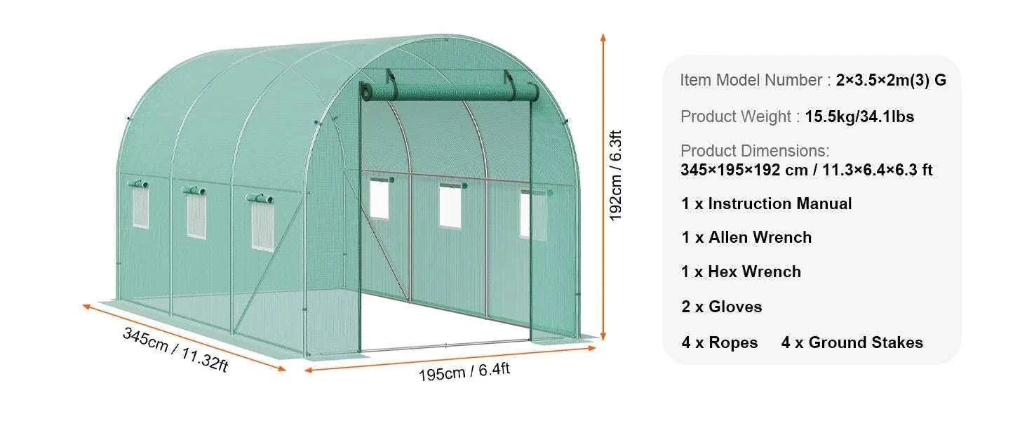 Walk-In Tunnel Greenhouse with PE Cover Steel Frame 11.3x6.4x6.3 ft-20x10x7ft green / United States / Green 20x10x7 ft