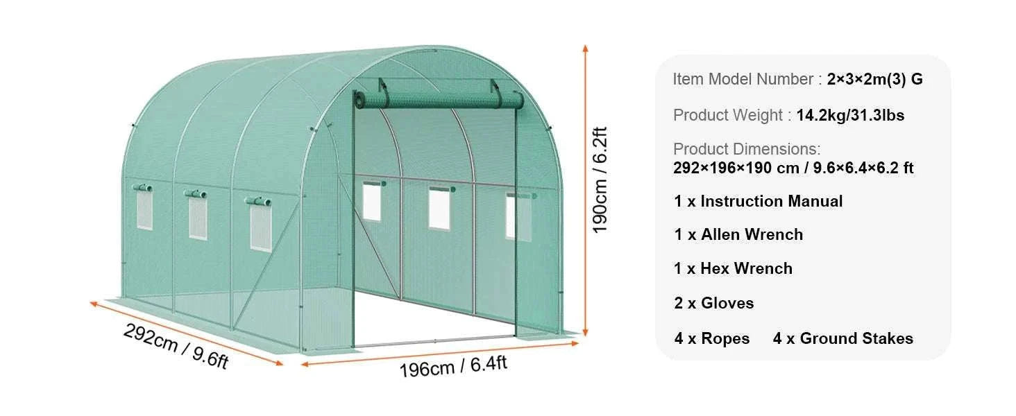 Walk-In Tunnel Greenhouse with PE Cover Steel Frame 11.3x6.4x6.3 ft-20x10x7ft green / United States / Green 20x10x7 ft