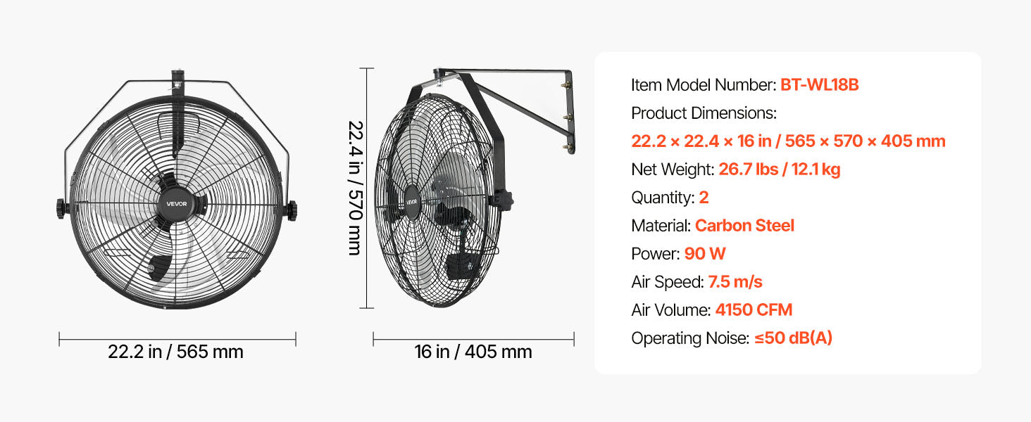 Ventilator industrial montat pe perete 18/20" cu flux de aer pe distanțe lungi